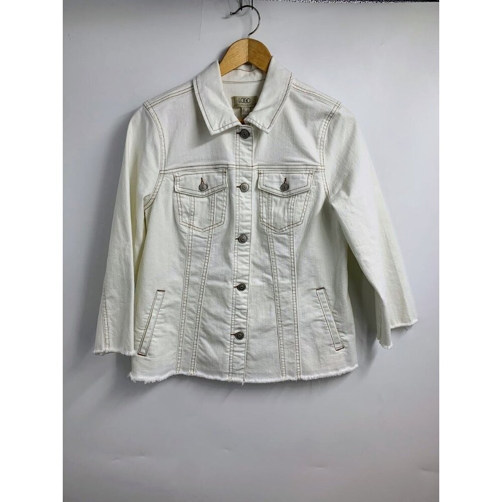 Logo By Lori Goldstein Women's 3/4 Sleeve Raw Hem Denim Button Jacket Size 8
